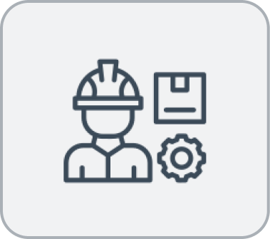 Construction worker with box and gear icon.
